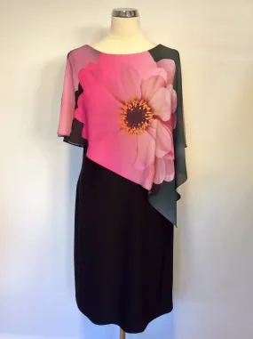 BRAND NEW FRANK LYMAN BLACK & PINK FLORAL FAUX CAPE DRESS SIZE 16