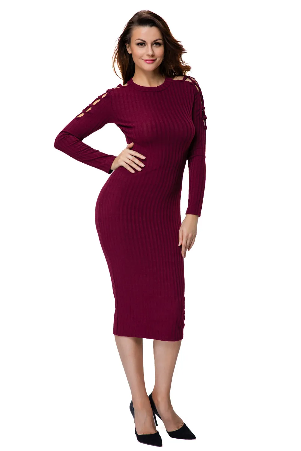 Burgundy Netty Cold Should Rib Knit Midi Dress
