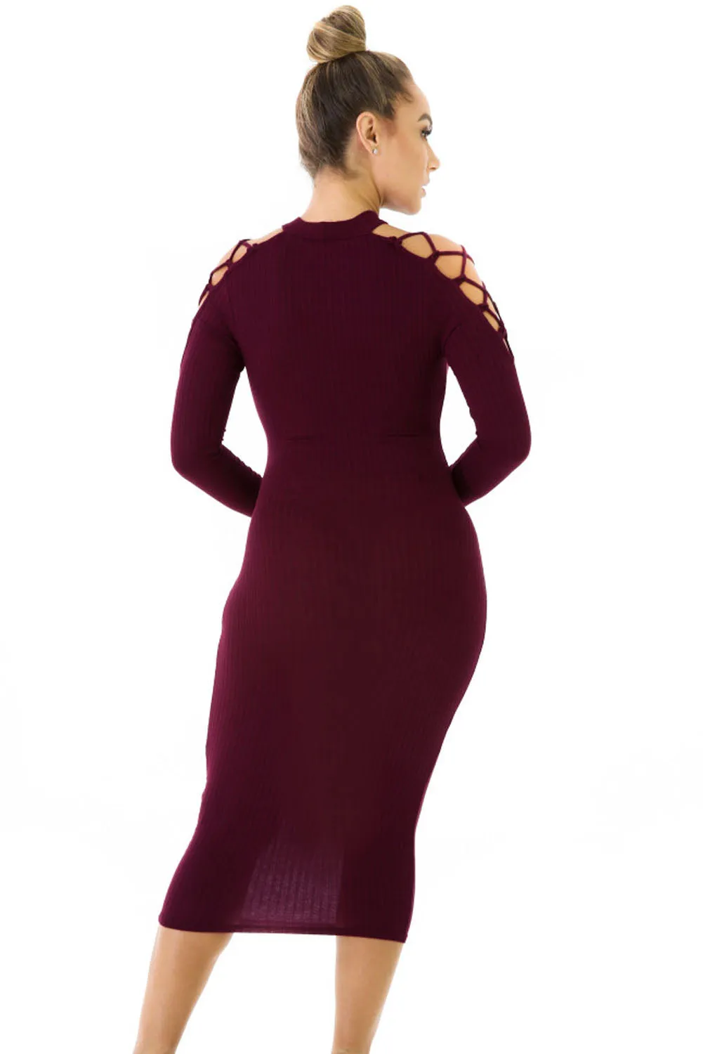 Burgundy Netty Cold Should Rib Knit Midi Dress