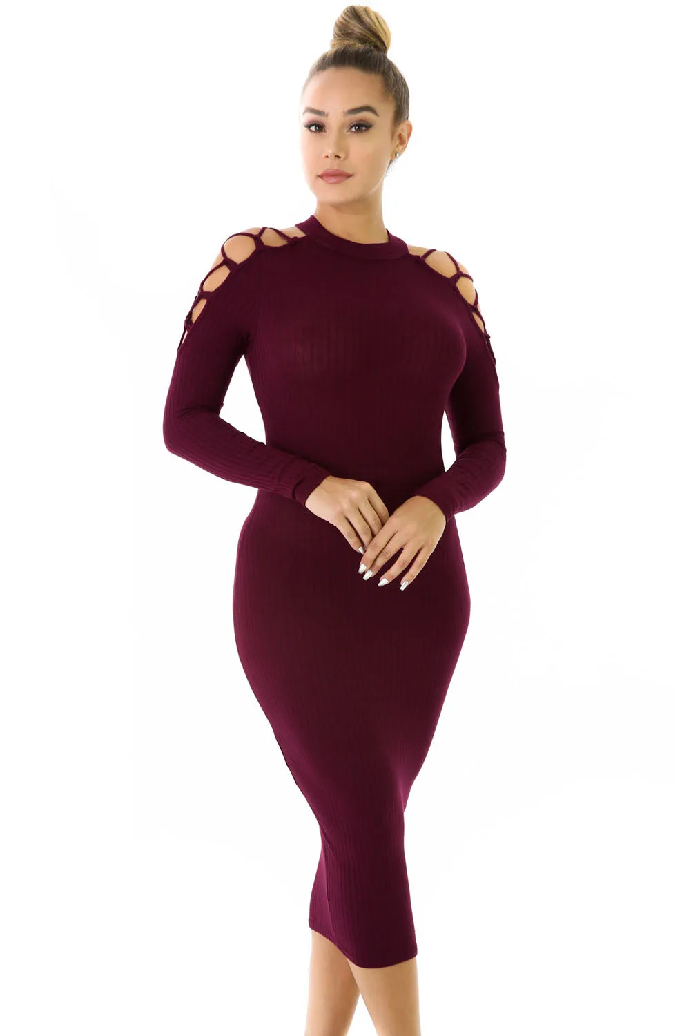 Burgundy Netty Cold Should Rib Knit Midi Dress