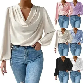 Casual Evening Top for Women Long-sleeved Shirt Loose V-neck Top T-shirt Women's Clothing