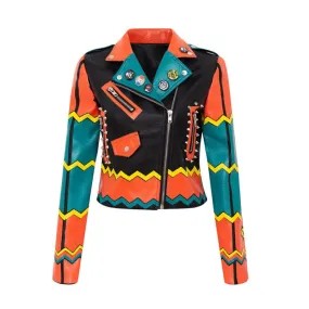 Colorful Graffiti Print Motorcycle Studded Pu Leather Jacket