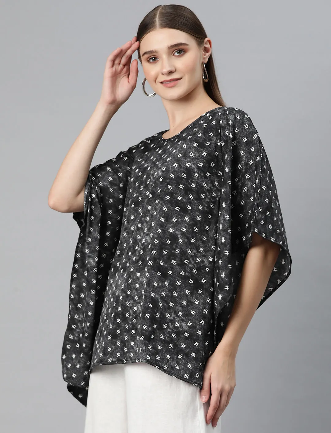 Cottinfab Women Printed Kimono Sleeves Crepe Kaftan Longline Top