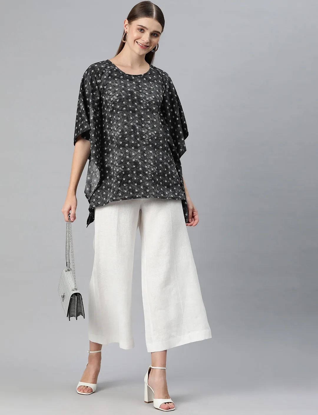 Cottinfab Women Printed Kimono Sleeves Crepe Kaftan Longline Top