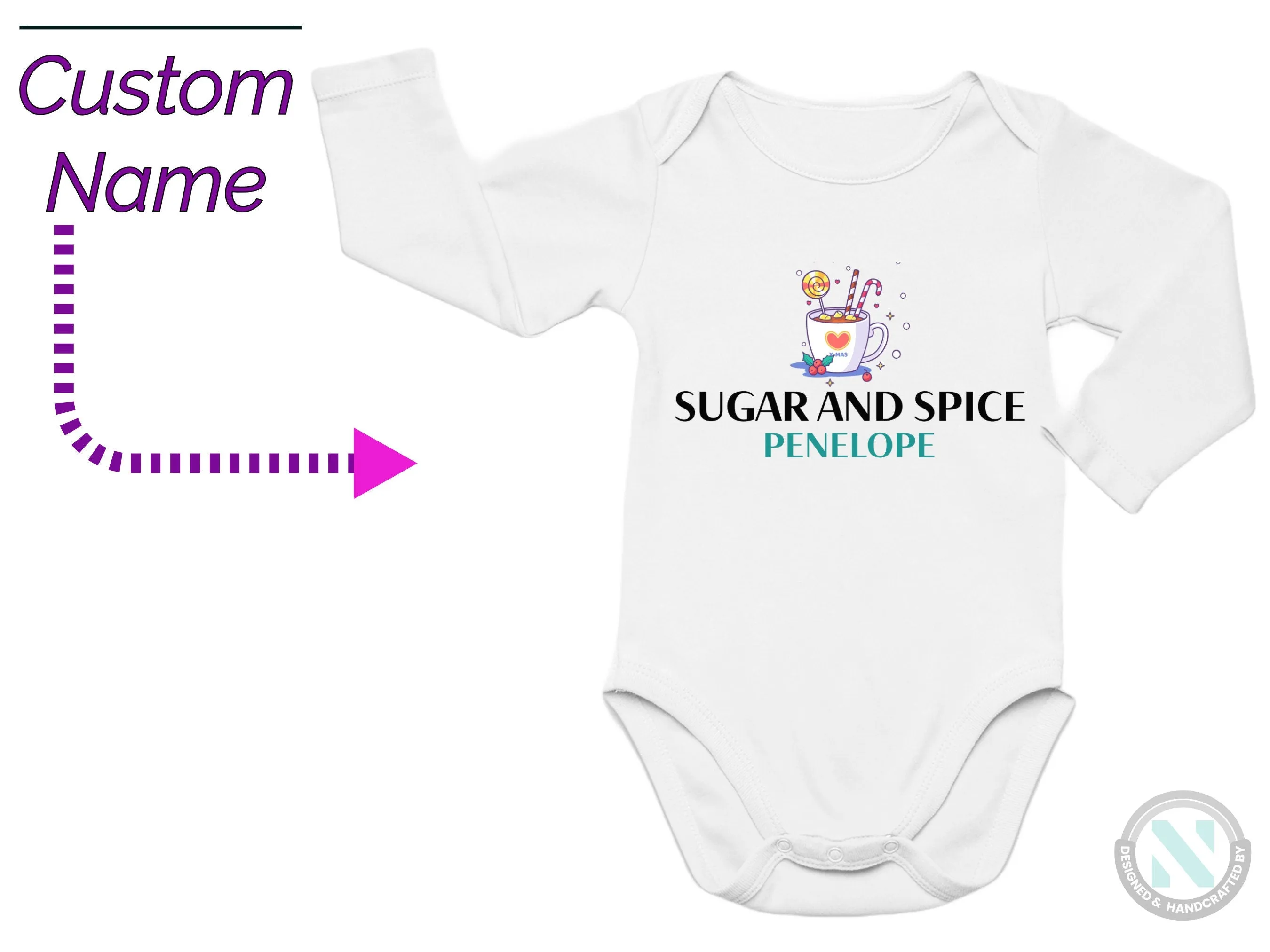 Custom Name Baby Bodysuit for kids With "Sugar And Spice"
