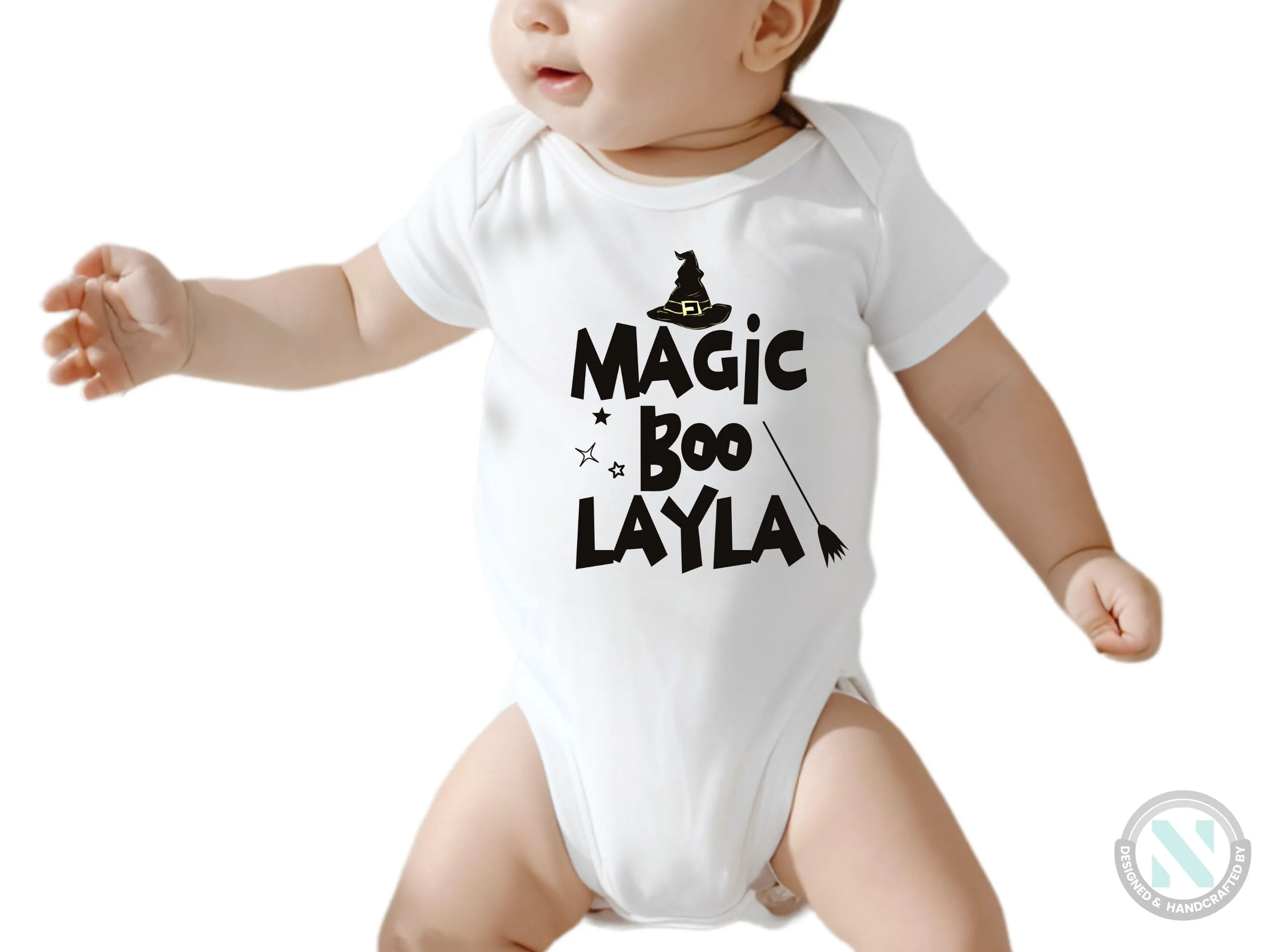 Custom Name Halloween Bodysuit Gift for Baby Girls with “Magic Boo "