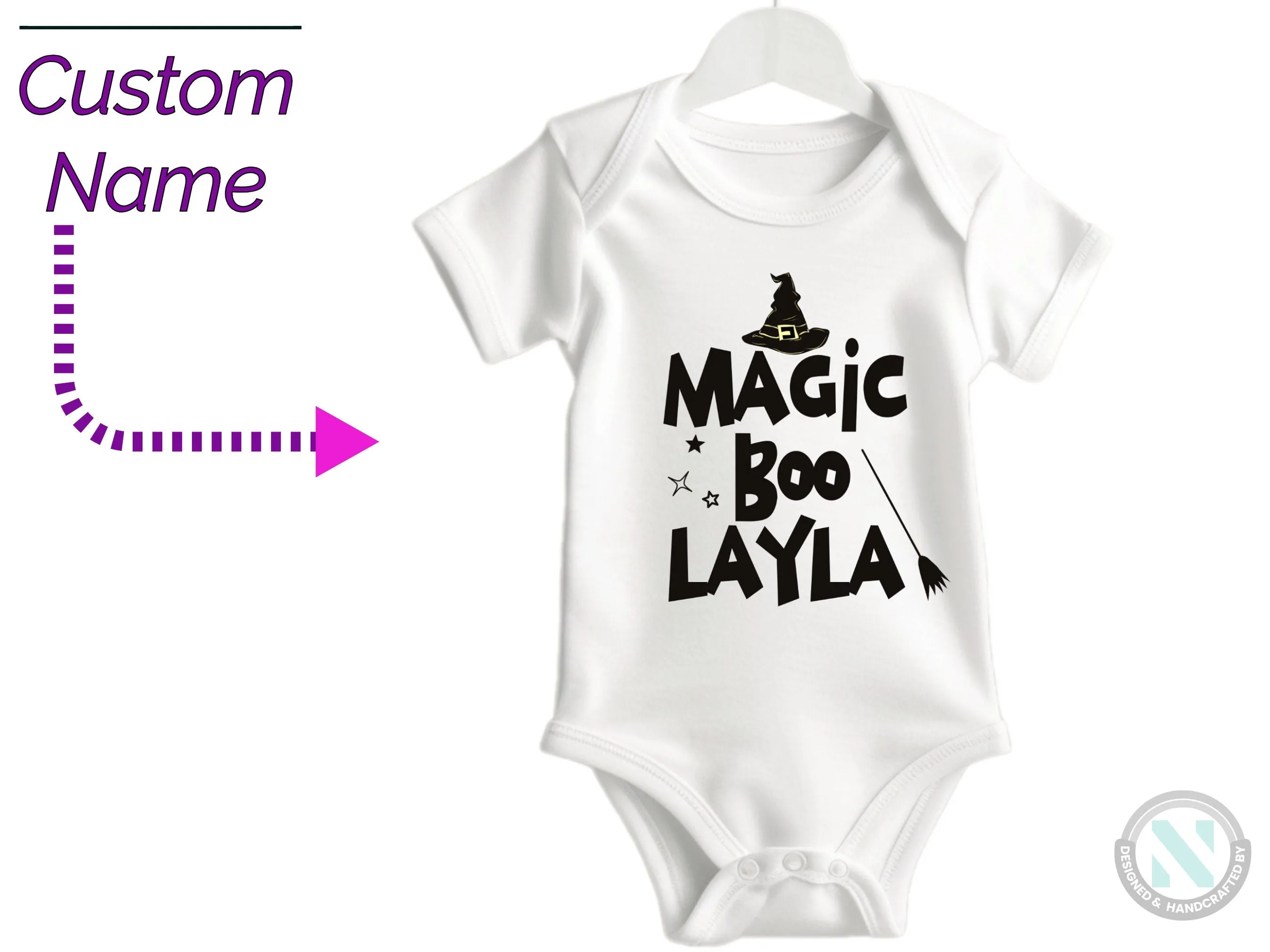 Custom Name Halloween Bodysuit Gift for Baby Girls with “Magic Boo "