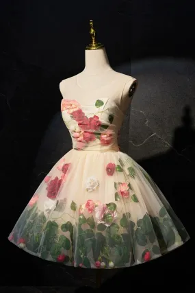 Cute Scoop Neck Short Prom Dress with Flowers, Champagne  A-Line Party Dress