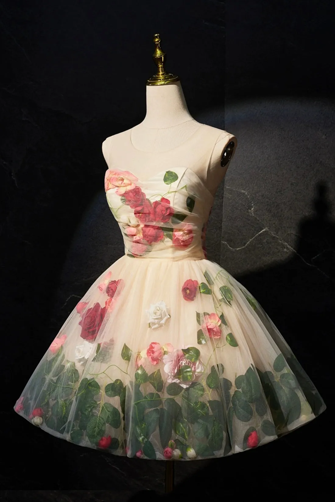 Cute Scoop Neck Short Prom Dress with Flowers, Champagne  A-Line Party Dress