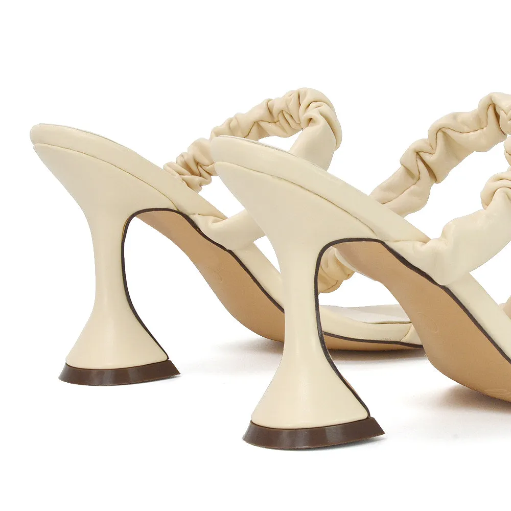 DAPHNE RUCHED DOUBLE STRAP SQUARE TOE SLIP ON SCULPTURED HIGH HEEL SANDALS IN NUDE