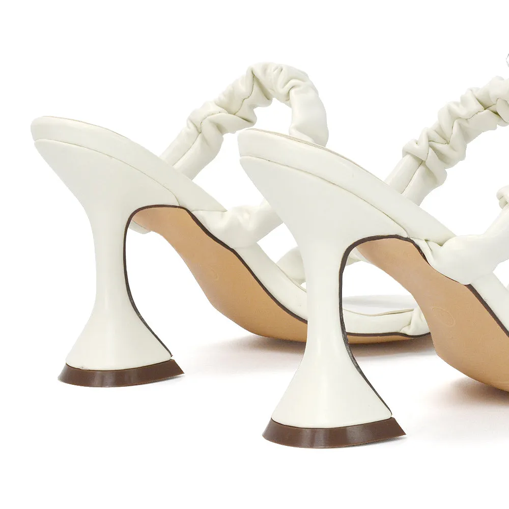 DAPHNE RUCHED DOUBLE STRAP SQUARE TOE SLIP ON SCULPTURED HIGH HEEL SANDALS IN NUDE