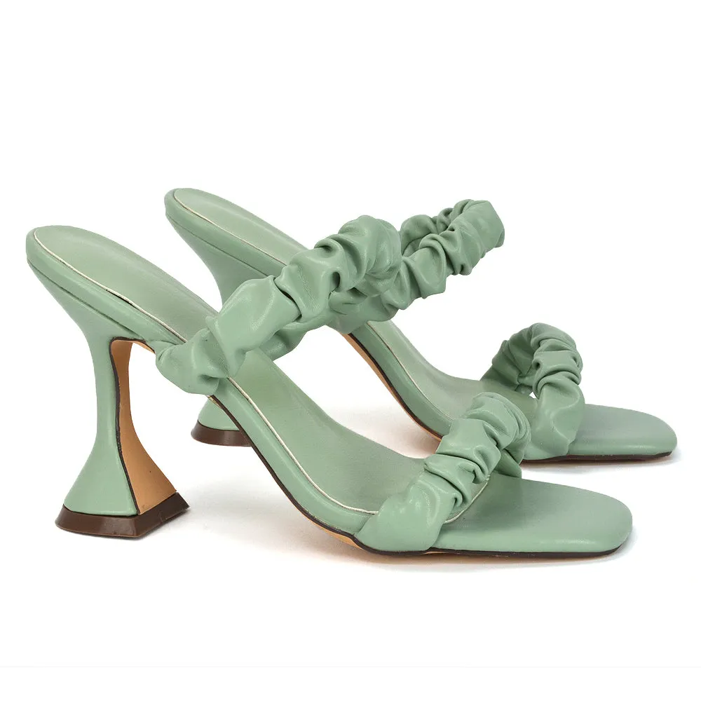 DAPHNE RUCHED DOUBLE STRAP SQUARE TOE SLIP ON SCULPTURED HIGH HEEL SANDALS IN NUDE