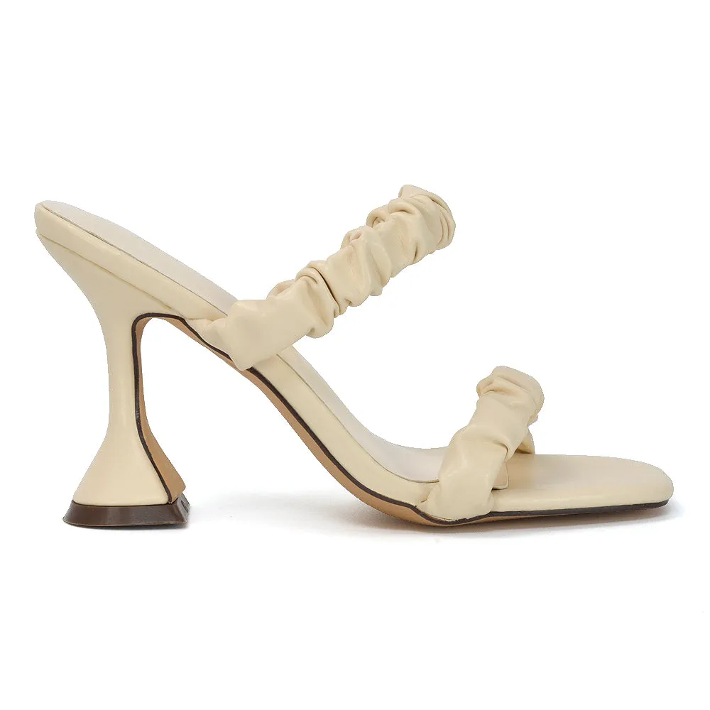 DAPHNE RUCHED DOUBLE STRAP SQUARE TOE SLIP ON SCULPTURED HIGH HEEL SANDALS IN NUDE