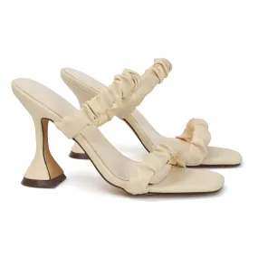 DAPHNE RUCHED DOUBLE STRAP SQUARE TOE SLIP ON SCULPTURED HIGH HEEL SANDALS IN NUDE