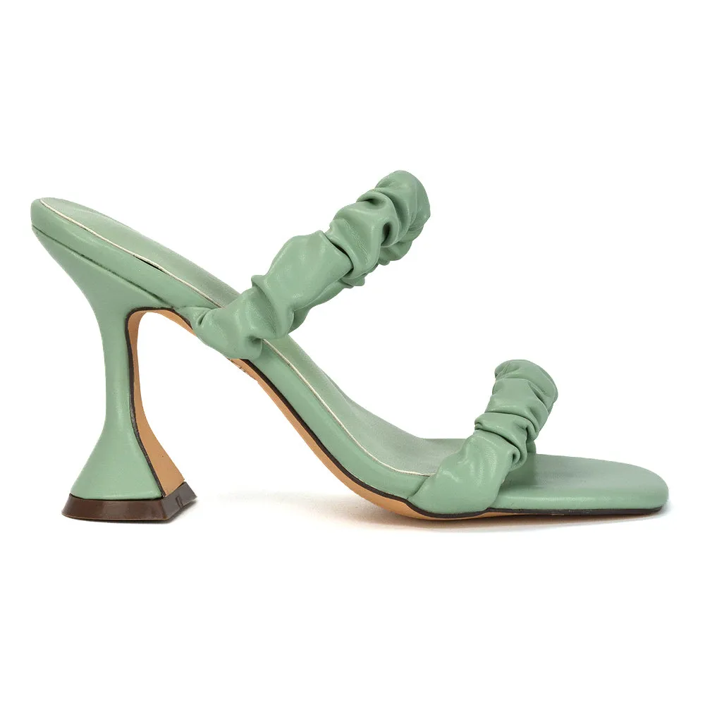 DAPHNE RUCHED DOUBLE STRAP SQUARE TOE SLIP ON SCULPTURED HIGH HEEL SANDALS IN NUDE