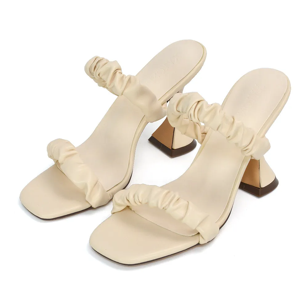 DAPHNE RUCHED DOUBLE STRAP SQUARE TOE SLIP ON SCULPTURED HIGH HEEL SANDALS IN NUDE