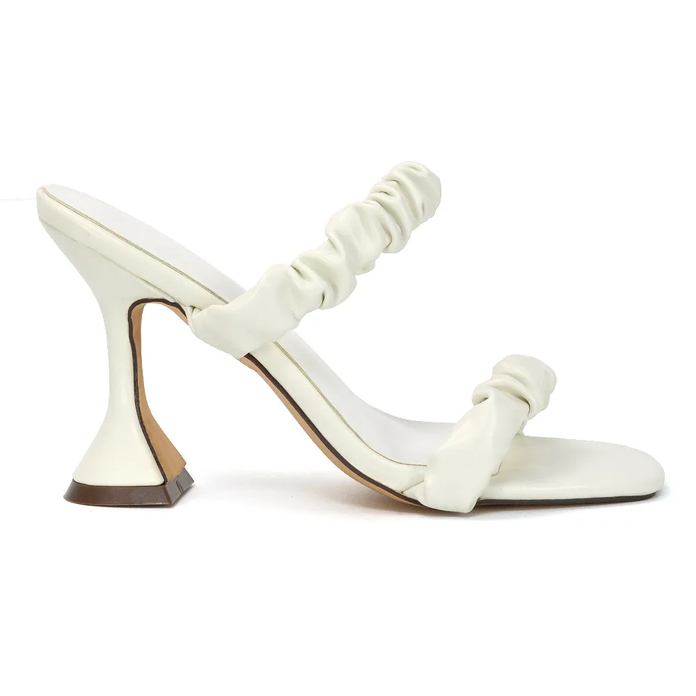 DAPHNE RUCHED DOUBLE STRAP SQUARE TOE SLIP ON SCULPTURED HIGH HEEL SANDALS IN NUDE