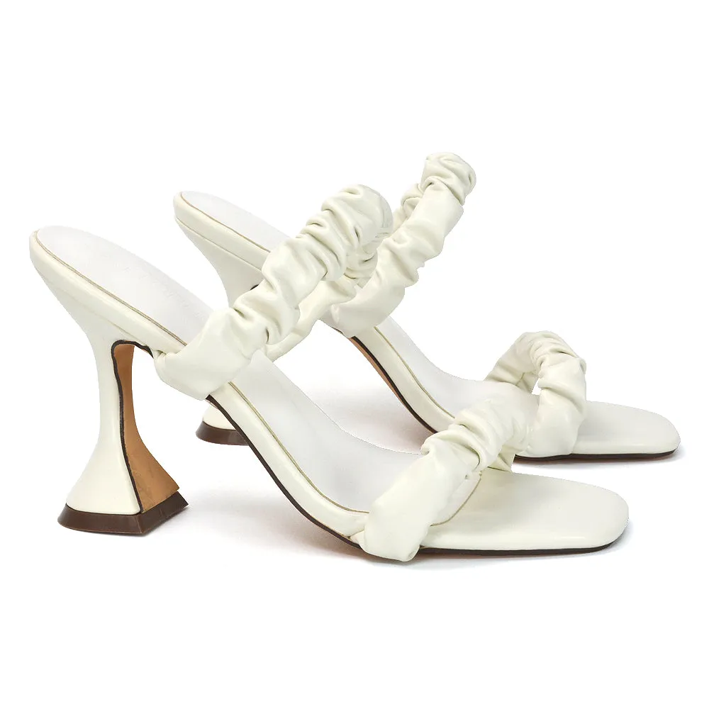 DAPHNE RUCHED DOUBLE STRAP SQUARE TOE SLIP ON SCULPTURED HIGH HEEL SANDALS IN NUDE