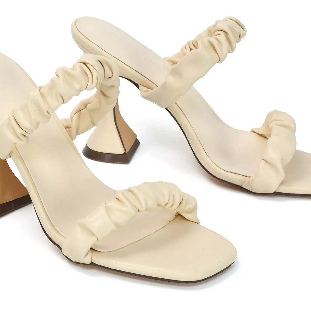 DAPHNE RUCHED DOUBLE STRAP SQUARE TOE SLIP ON SCULPTURED HIGH HEEL SANDALS IN NUDE