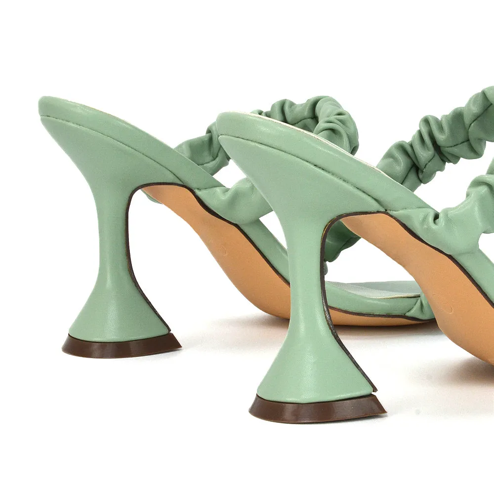 DAPHNE RUCHED DOUBLE STRAP SQUARE TOE SLIP ON SCULPTURED HIGH HEEL SANDALS IN NUDE