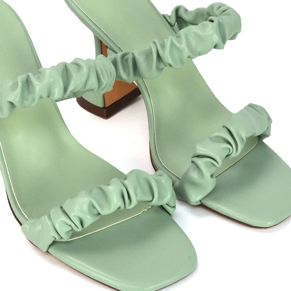 DAPHNE RUCHED DOUBLE STRAP SQUARE TOE SLIP ON SCULPTURED HIGH HEEL SANDALS IN NUDE