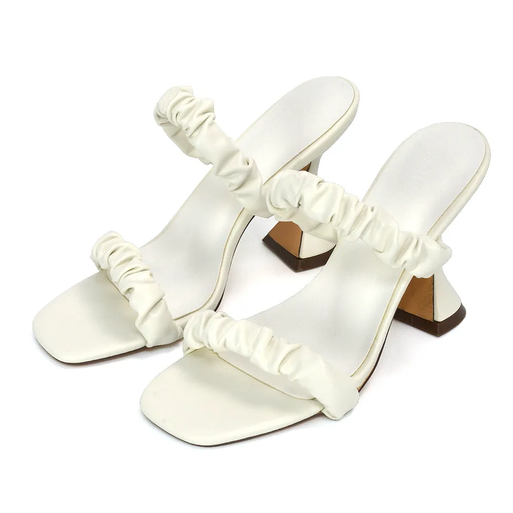 DAPHNE RUCHED DOUBLE STRAP SQUARE TOE SLIP ON SCULPTURED HIGH HEEL SANDALS IN NUDE
