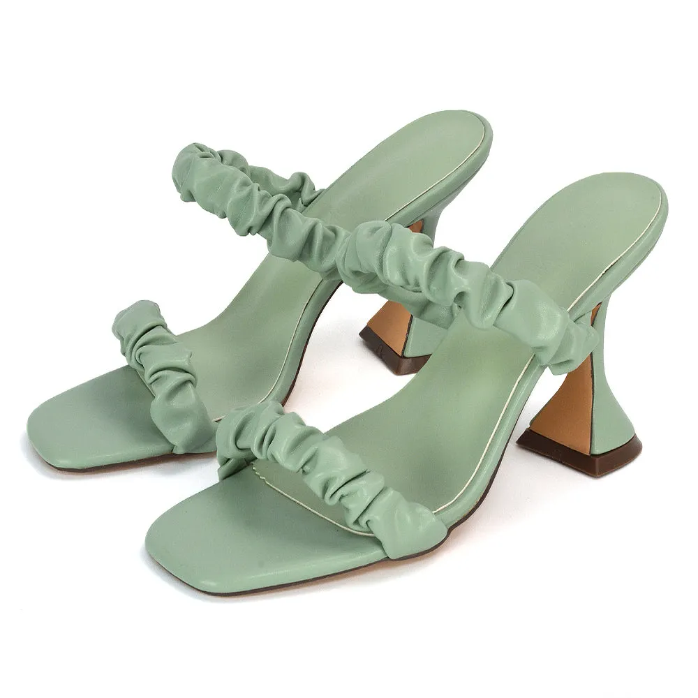 DAPHNE RUCHED DOUBLE STRAP SQUARE TOE SLIP ON SCULPTURED HIGH HEEL SANDALS IN NUDE
