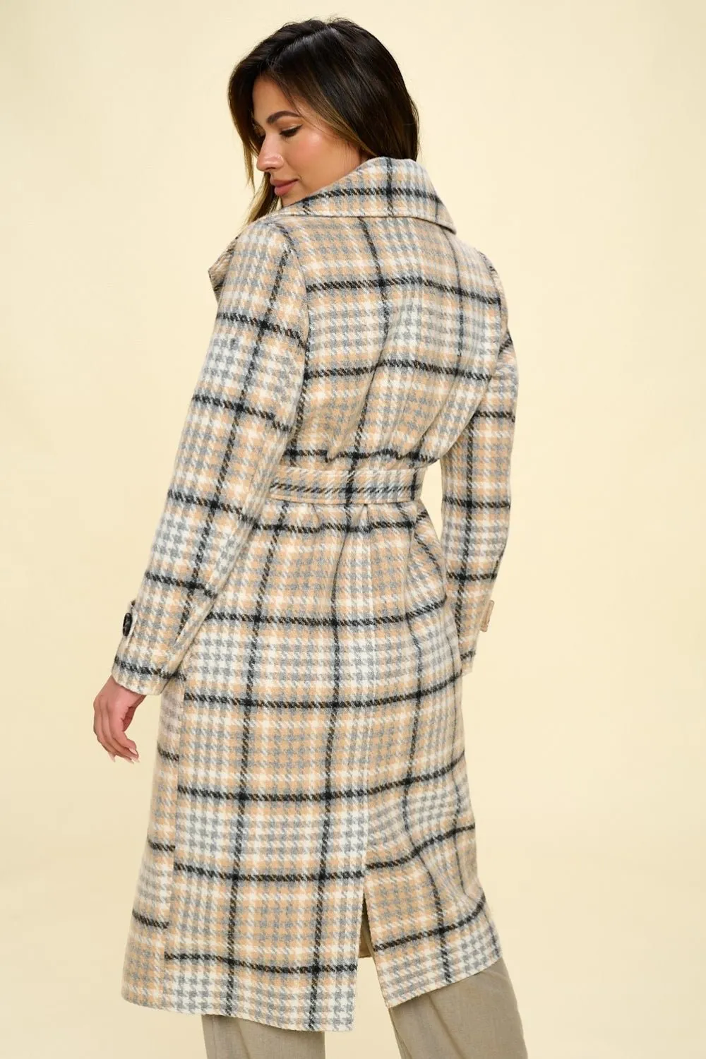 Double-Breasted Vegan Wool Plaid Trench Coat in Khaki Multi