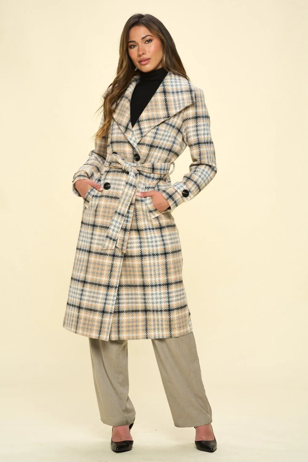 Double-Breasted Vegan Wool Plaid Trench Coat in Khaki Multi