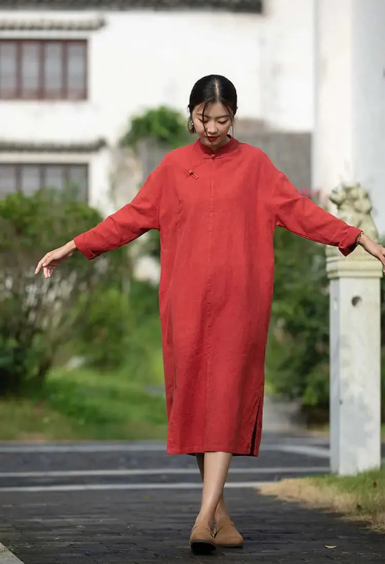 Elegant Long-Sleeved Linen Dress with Vintage Charm