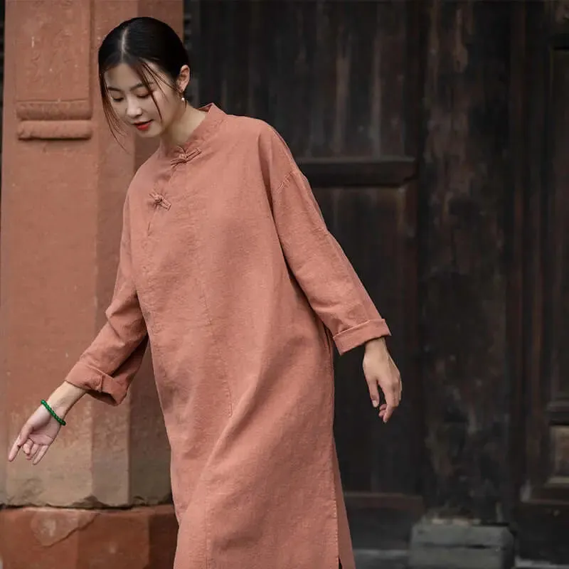 Elegant Long-Sleeved Linen Dress with Vintage Charm