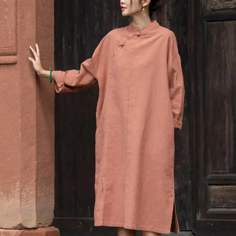 Elegant Long-Sleeved Linen Dress with Vintage Charm
