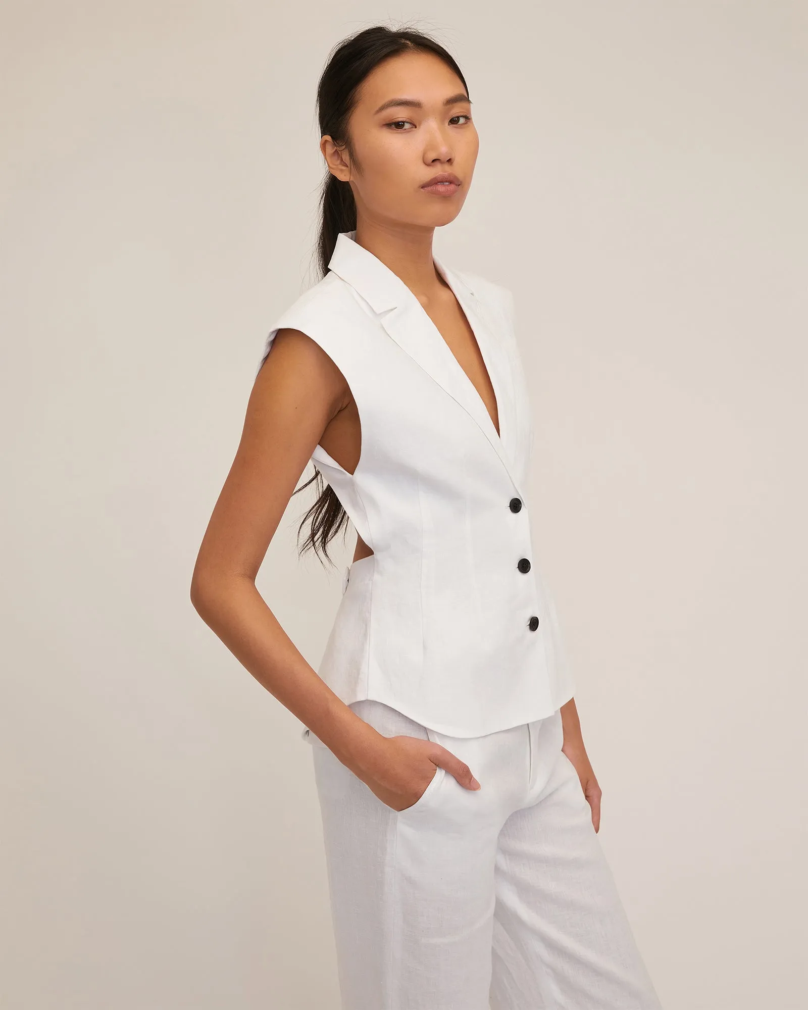 Enzo Linen Open Back Vest in White
