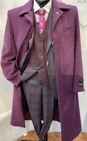 Falcone Men's Burgundy Full Length Belted Wool Topcoat