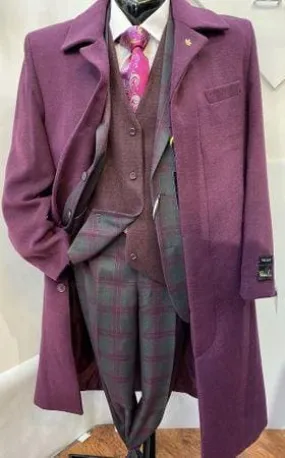 Falcone Men's Burgundy Full Length Belted Wool Topcoat