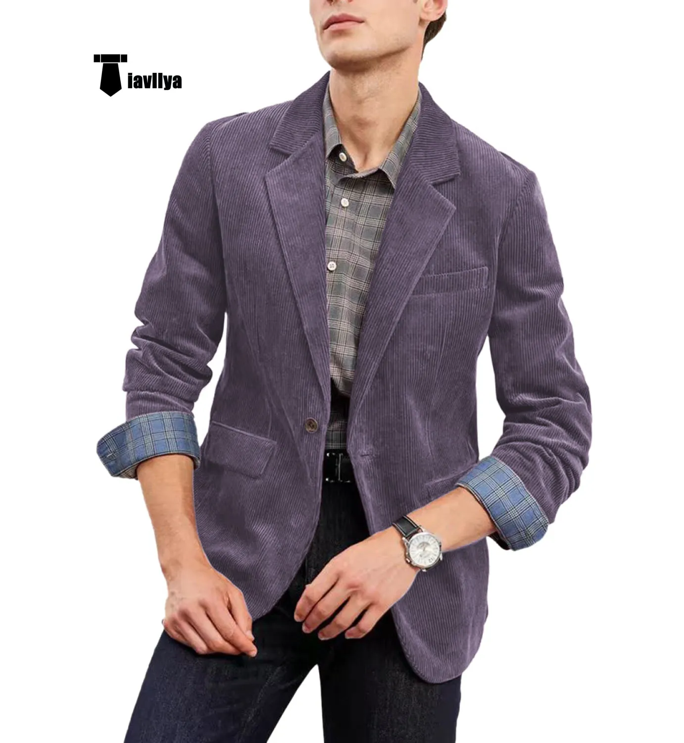 Fashion Men's Corduroy Suit Retro Slim Fit Notch Lapel Sports Jacket