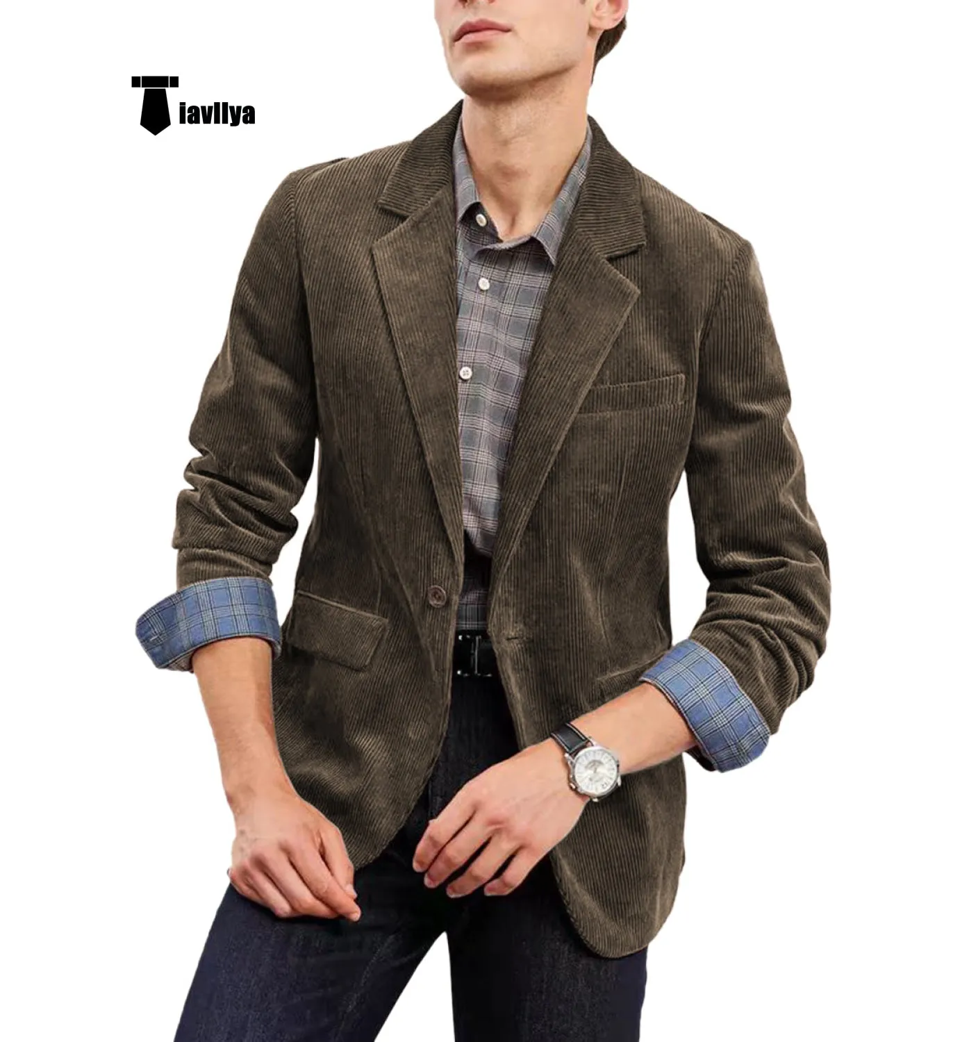 Fashion Men's Corduroy Suit Retro Slim Fit Notch Lapel Sports Jacket