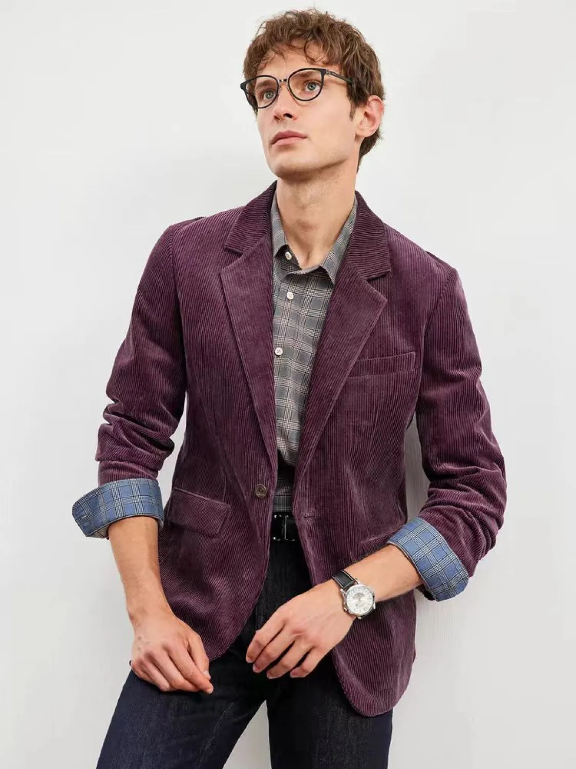 Fashion Men's Corduroy Suit Retro Slim Fit Notch Lapel Sports Jacket