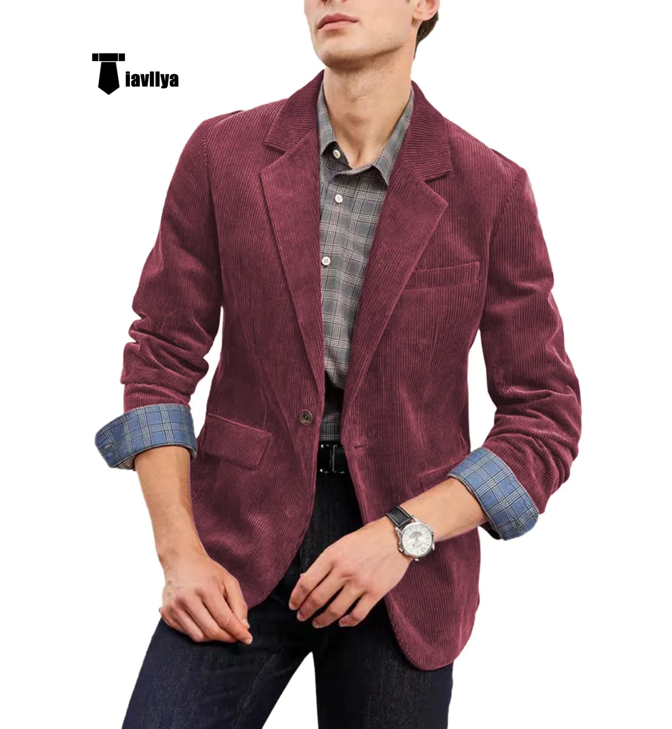 Fashion Men's Corduroy Suit Retro Slim Fit Notch Lapel Sports Jacket