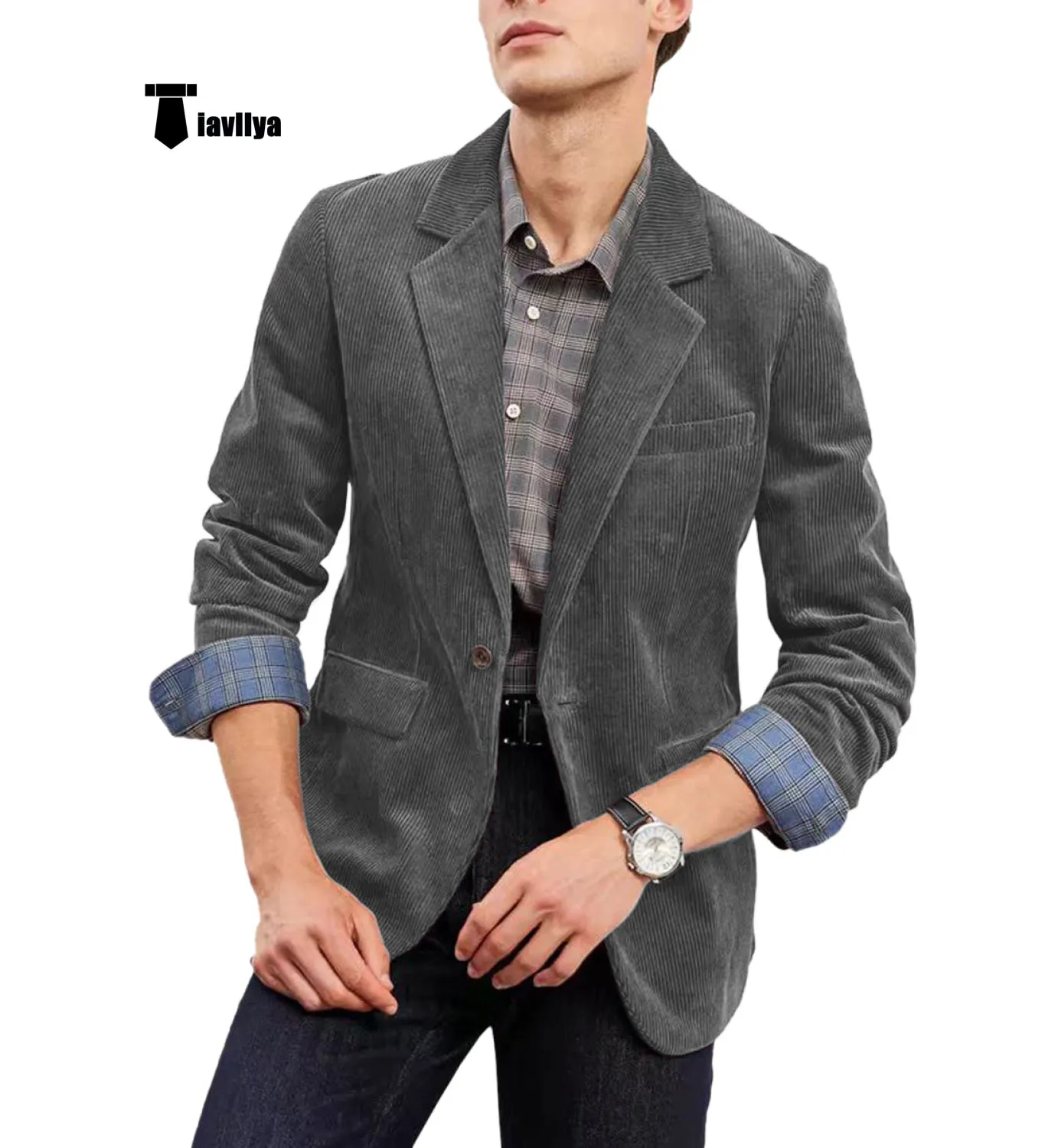 Fashion Men's Corduroy Suit Retro Slim Fit Notch Lapel Sports Jacket