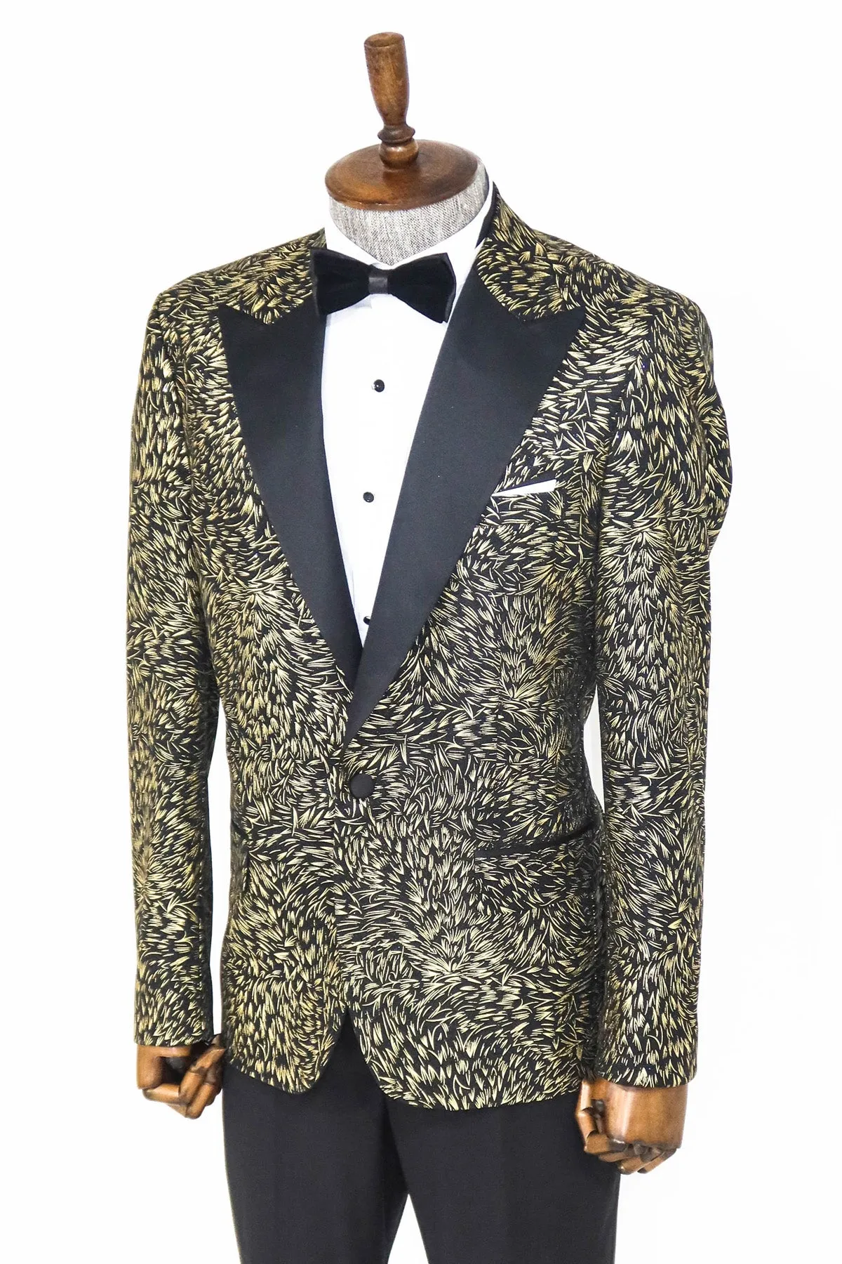 Feather Patterned Slim Fit Black Men Prom Blazer and Trousers Combination - Wessi