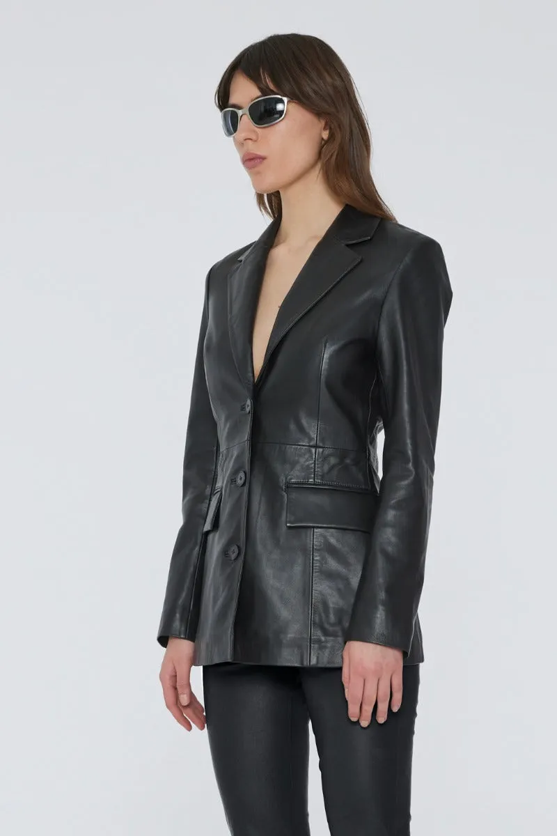 Fitted Leather Blazer - Black