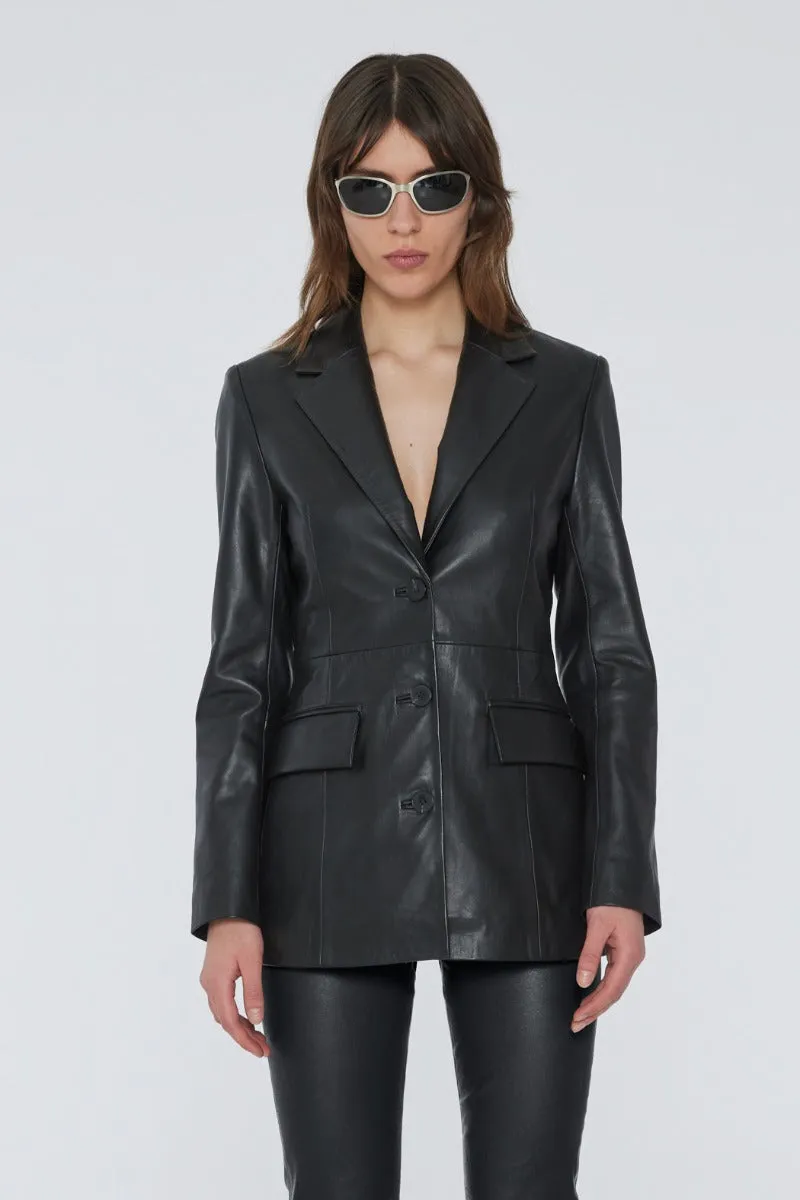 Fitted Leather Blazer - Black