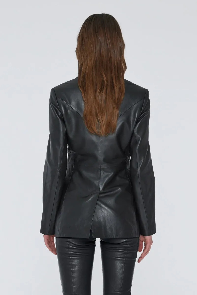 Fitted Leather Blazer - Black