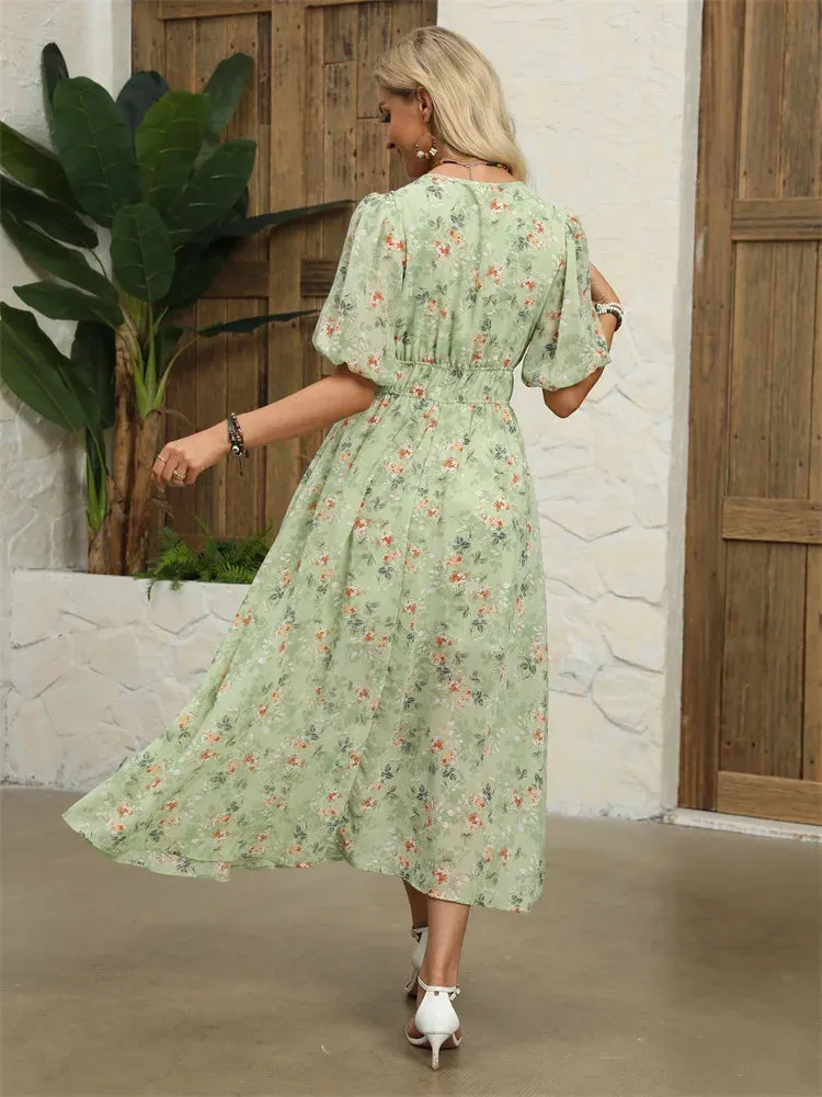 Floral Chiffon Midi Dress with V-Neck - Light and Airy