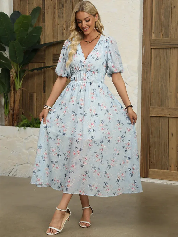 Floral Chiffon Midi Dress with V-Neck - Light and Airy