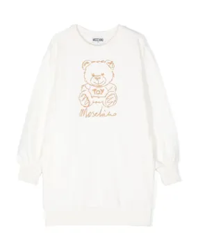 Girls White Teddy Embroidery Sweatshirt Dress