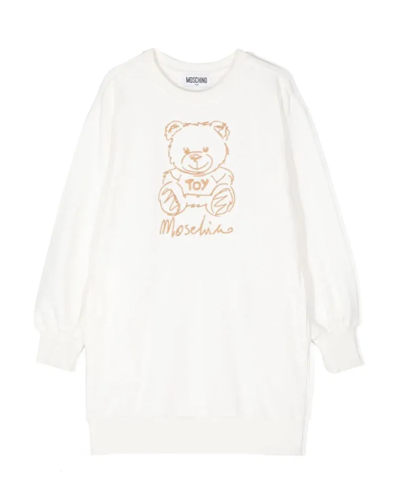 Girls White Teddy Embroidery Sweatshirt Dress