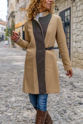 GNS Women's Camel Leather Buckled Chain Detailed Stand Collar Coat Bst3319 - Youngstown