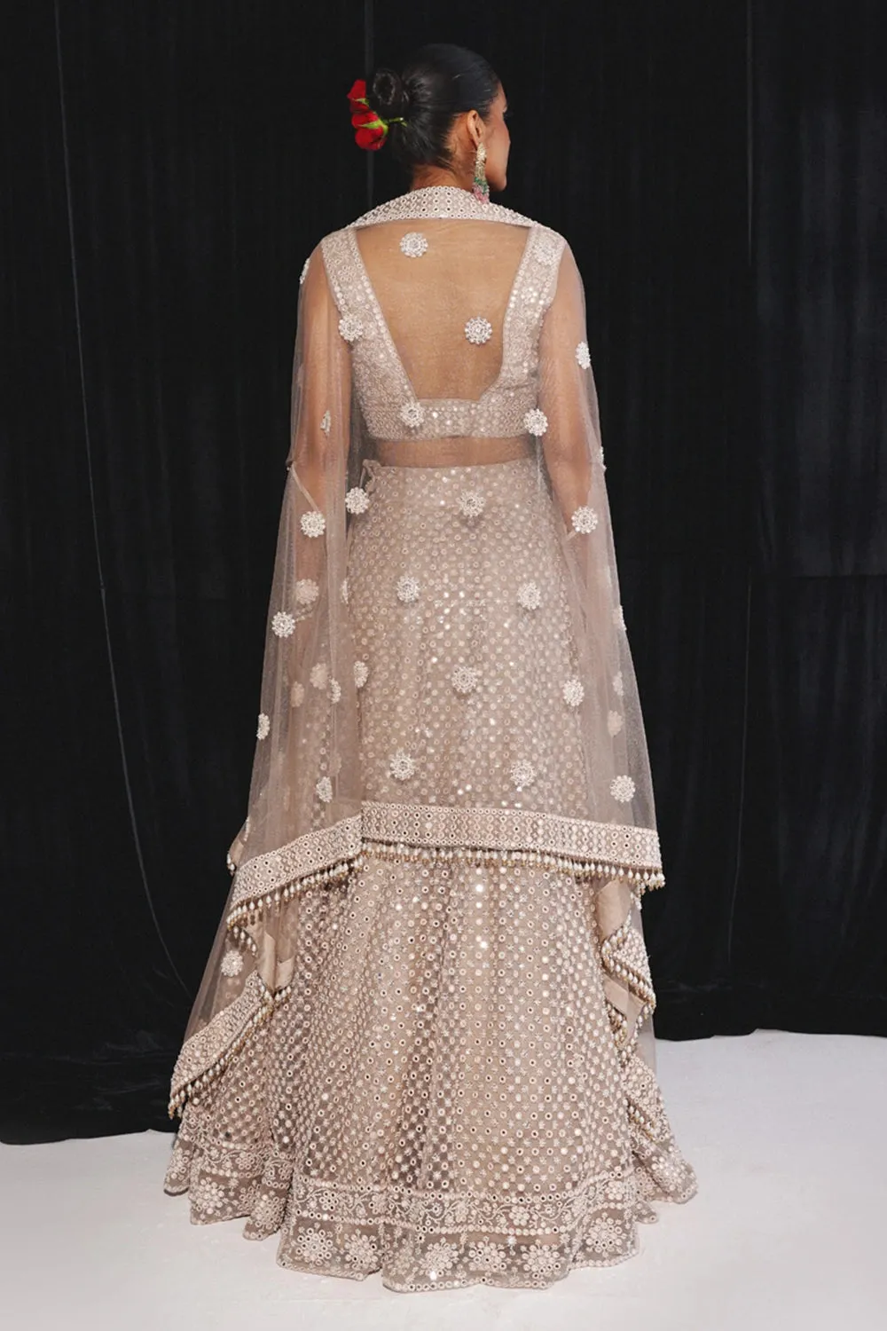 Gold Solitaire Floral Mirrorwork Slip On Cape With Border